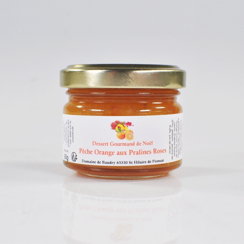 Dessert gourmand de Noel Pêche, orange et pralines roses, bocal de 60g