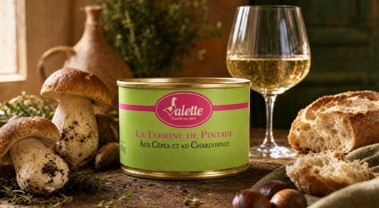 Terrine de Pintade aux Cèpes et Chardonnay Valette, boîte de 150 g.