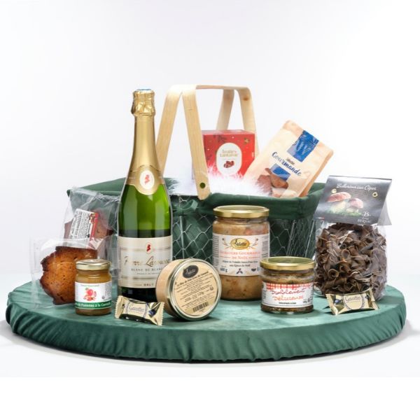 Colis L’Incontournable des Fêtes Duo Valette avec panier vert, vin mousseux et spécialités gourmandes.