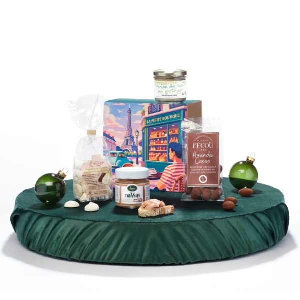 Colis L’Écrin Gourmand Valette avec coffret décor Paris et assortiment salé-sucré.