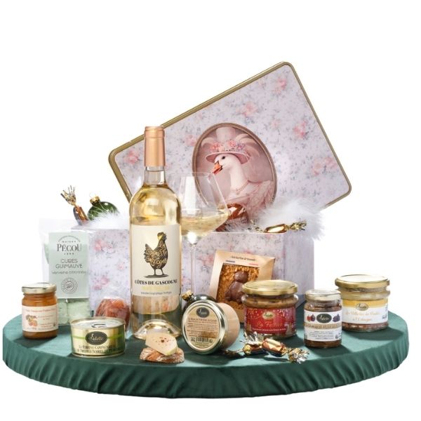 Colis Saveurs Enchantées Duo Valette avec vin blanc et boîte décor Liberty.